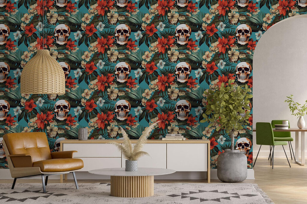 Pattern of flowers and skulls