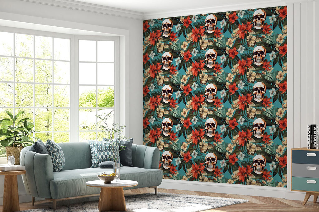 Pattern of flowers and skulls