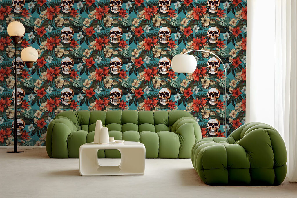 Pattern of flowers and skulls