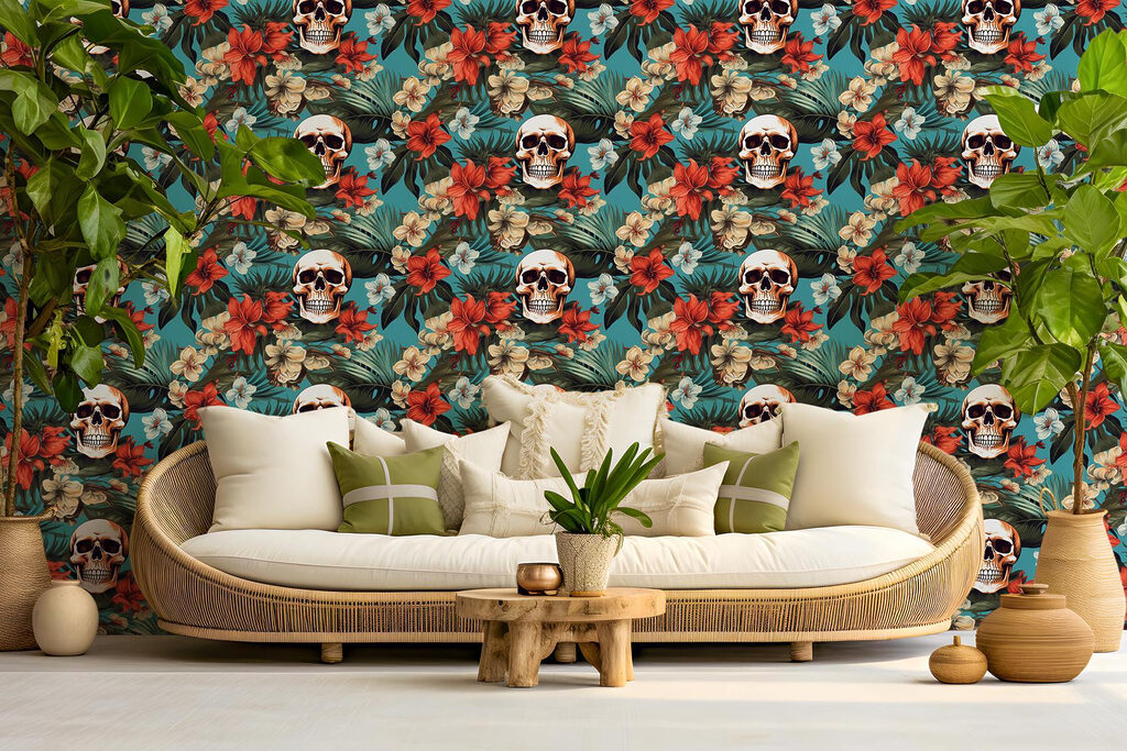 Pattern of flowers and skulls
