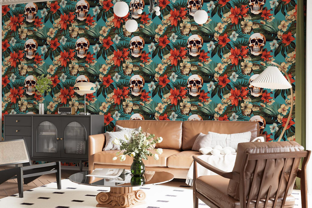 Pattern of flowers and skulls