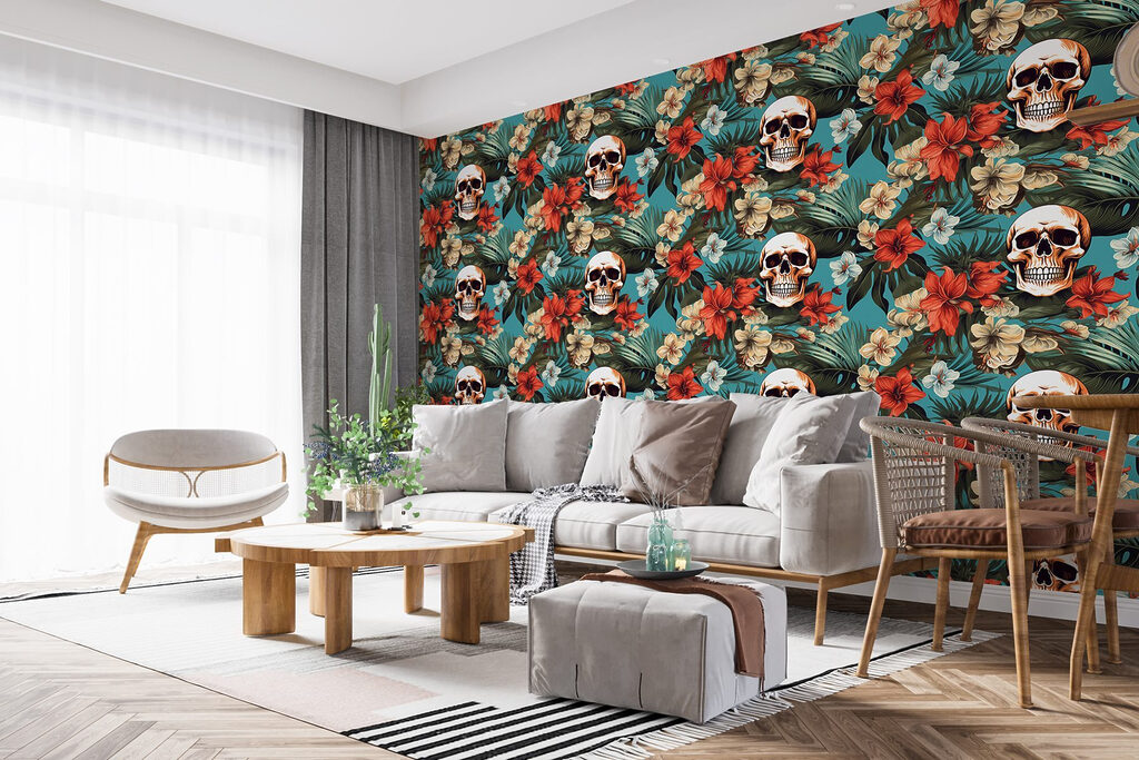 Pattern of flowers and skulls