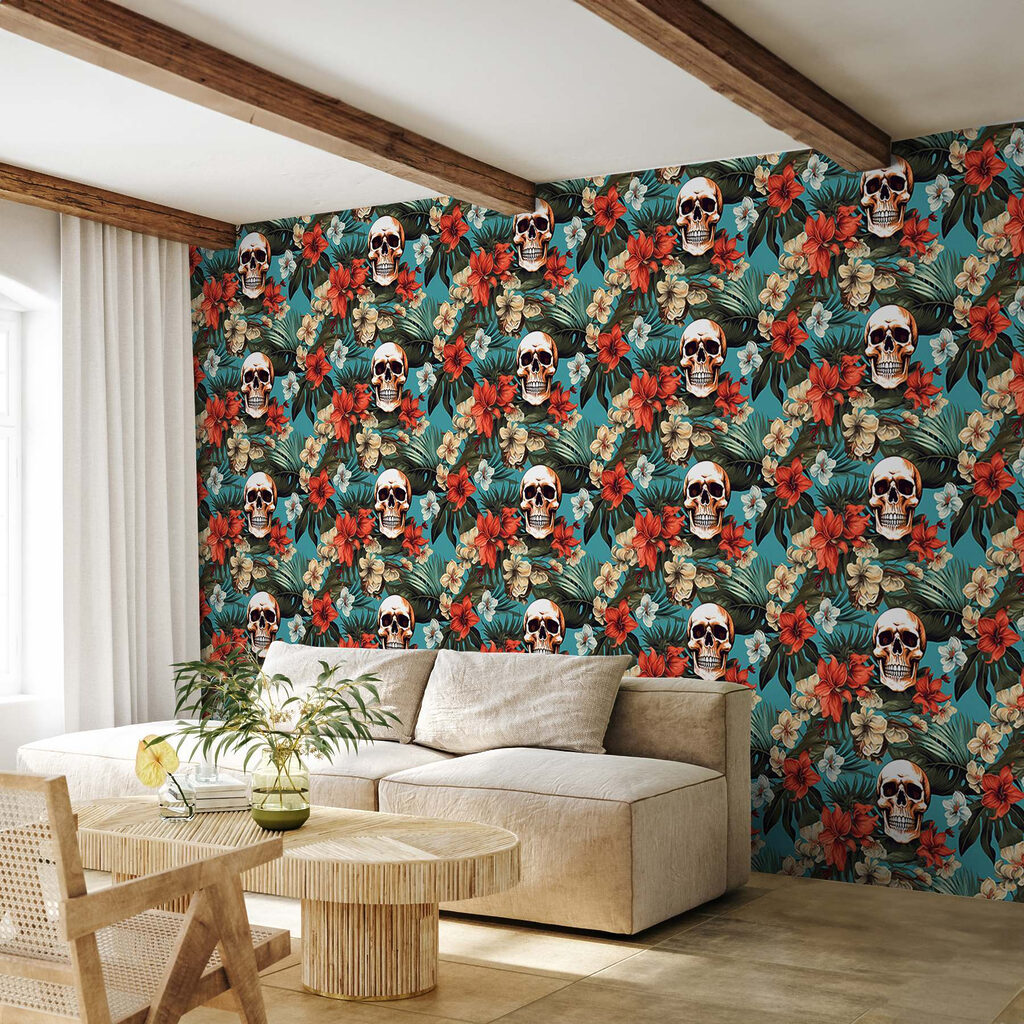 Pattern of flowers and skulls