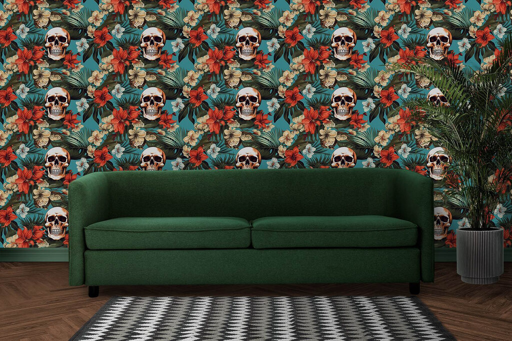 Pattern of flowers and skulls