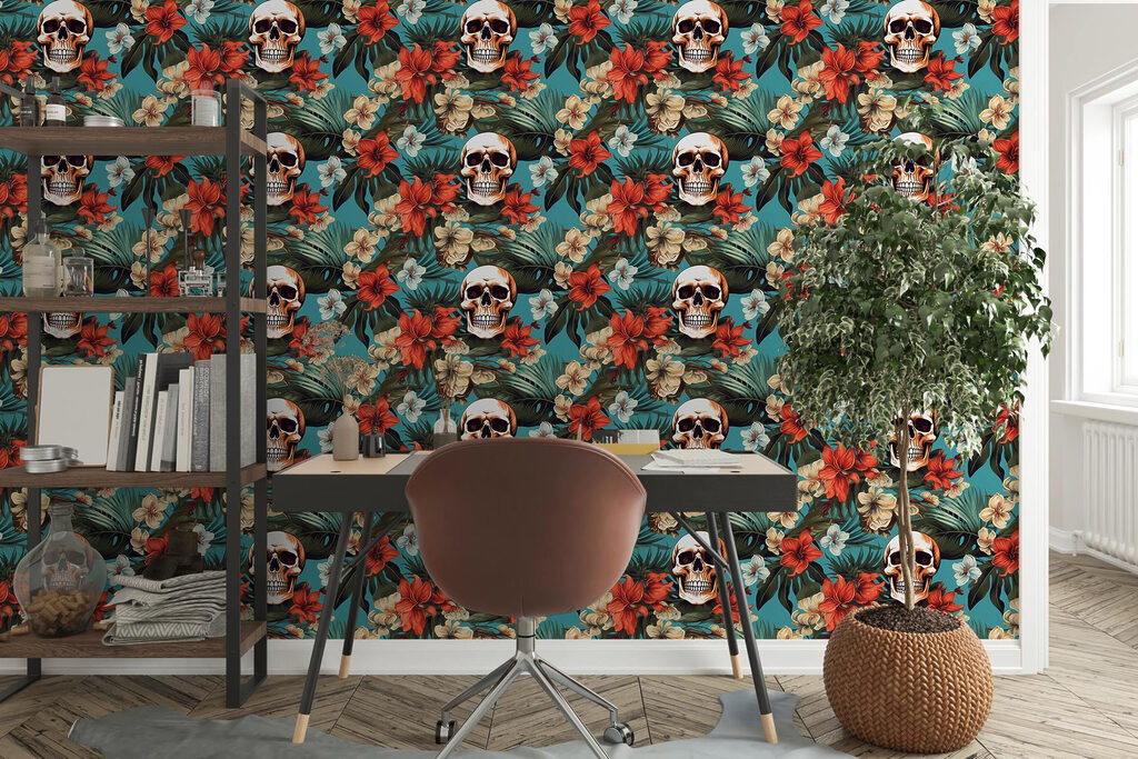 Pattern of flowers and skulls