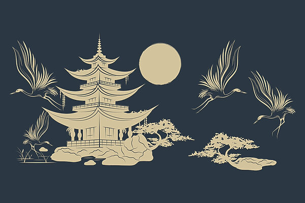 Desenul unei pagode și macarale Desenul unei pagode și macarale