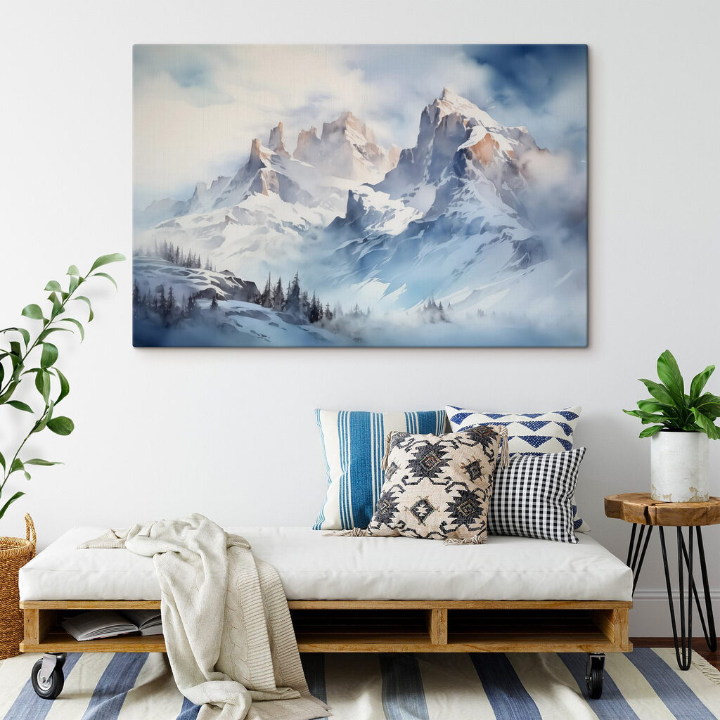 Snowy mountain range with trees