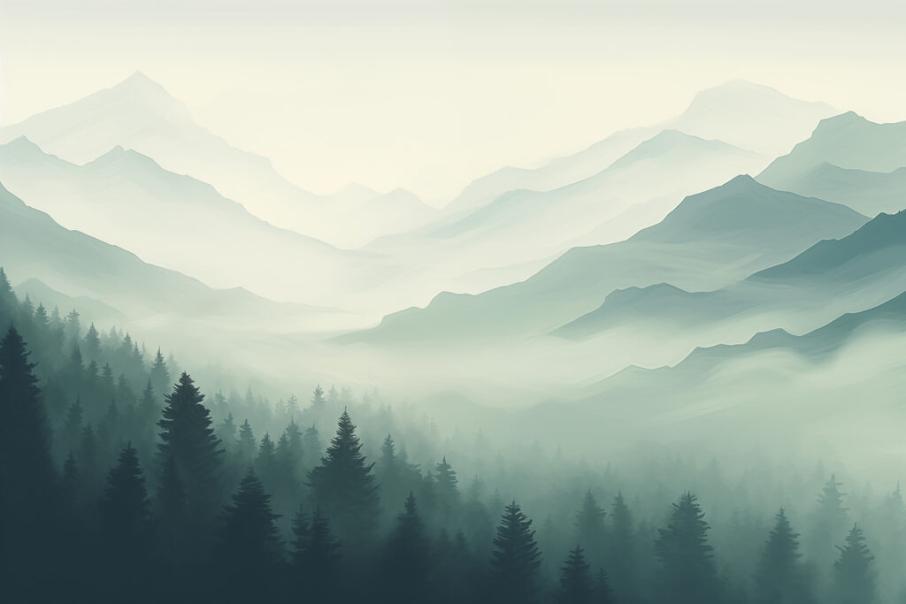 Foggy mountain landscape with trees Foggy mountain landscape with trees