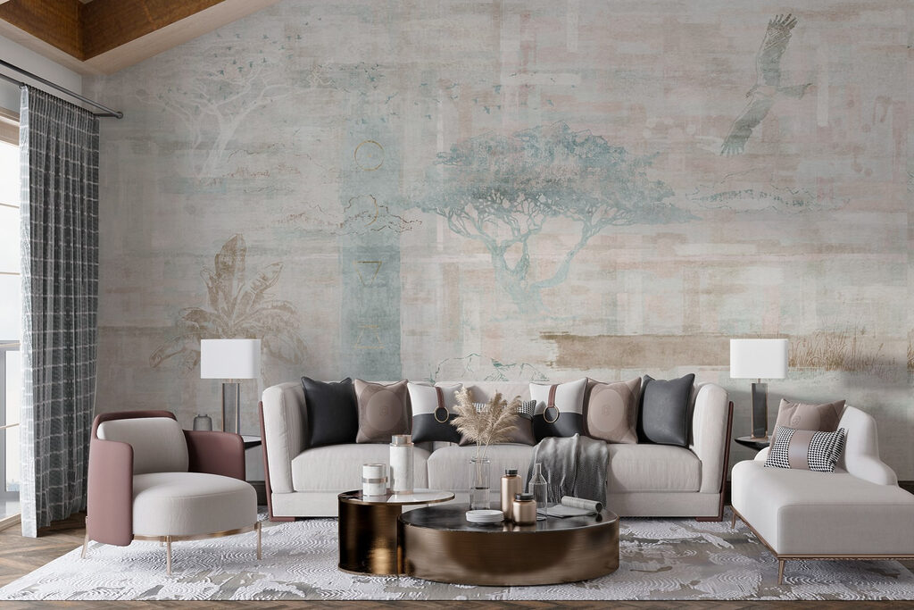 Wallpaper with trees and birds