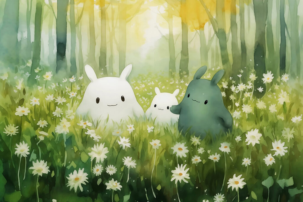Grup de personaje de desene animate într-un câmp de flori Grup de personaje de desene animate într-un câmp de flori