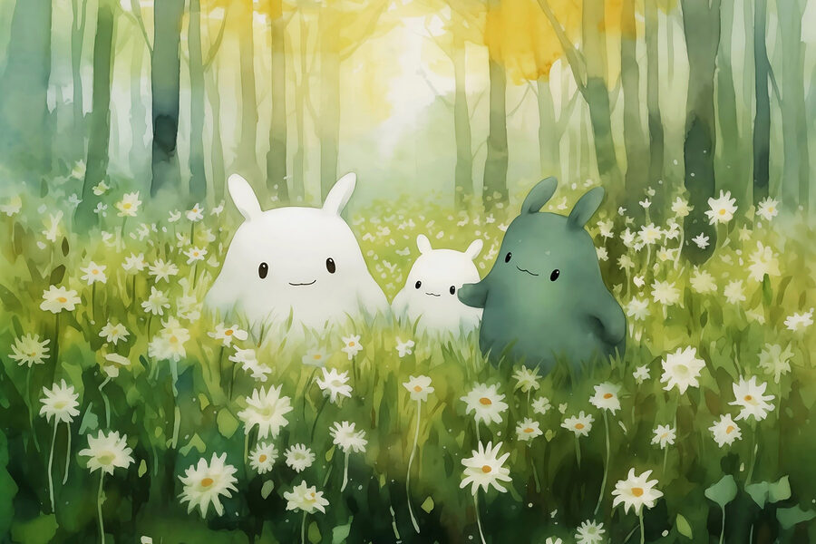 Grup de personaje de desene animate într-un câmp de flori
