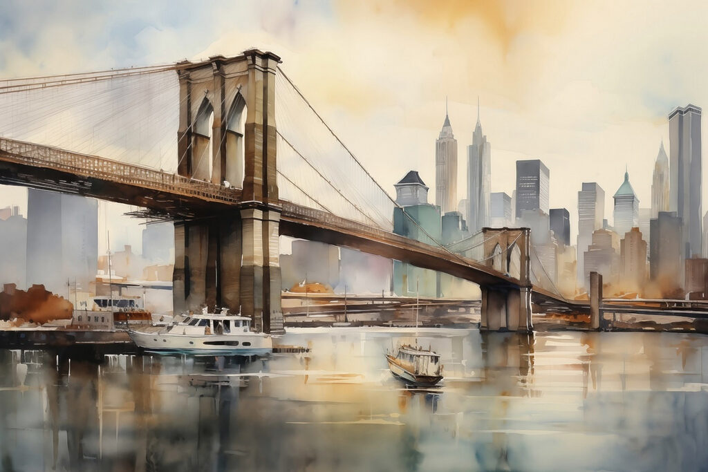 Watercolor of a bridge and a city Watercolor of a bridge and a city