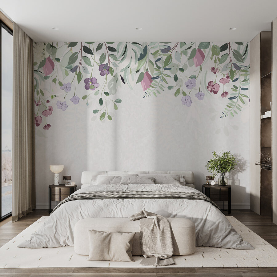 Bordei floral cu flori și frunze mov