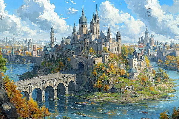 Castel pe un deal cu un pod peste apă Castel pe un deal cu un pod peste apă