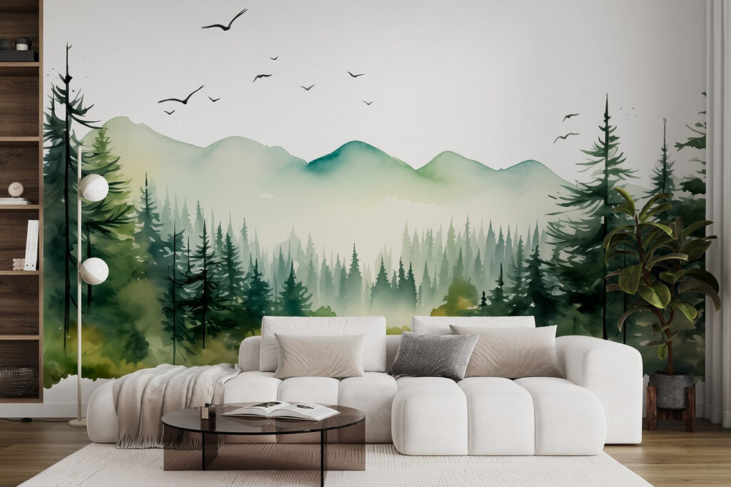 Watercolor of a forest and mountains