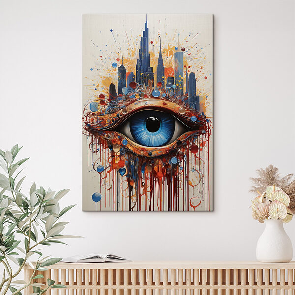Painting of a blue eye with a city behind it Painting of a blue eye with a city behind it