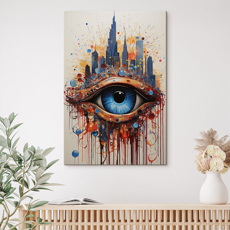 Painting of a blue eye with a city behind it Painting of a blue eye with a city behind it