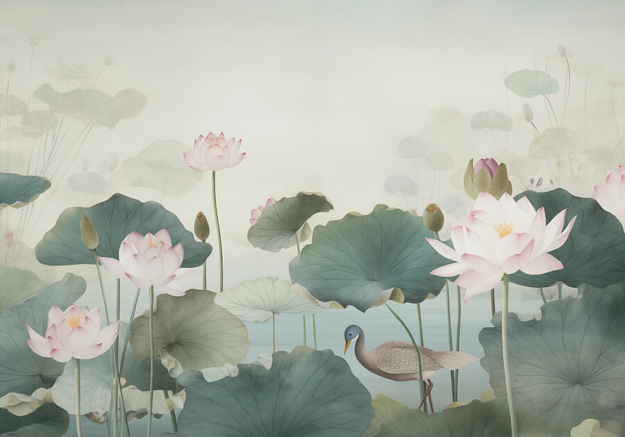 Rață într-un iaz cu flori de lotus