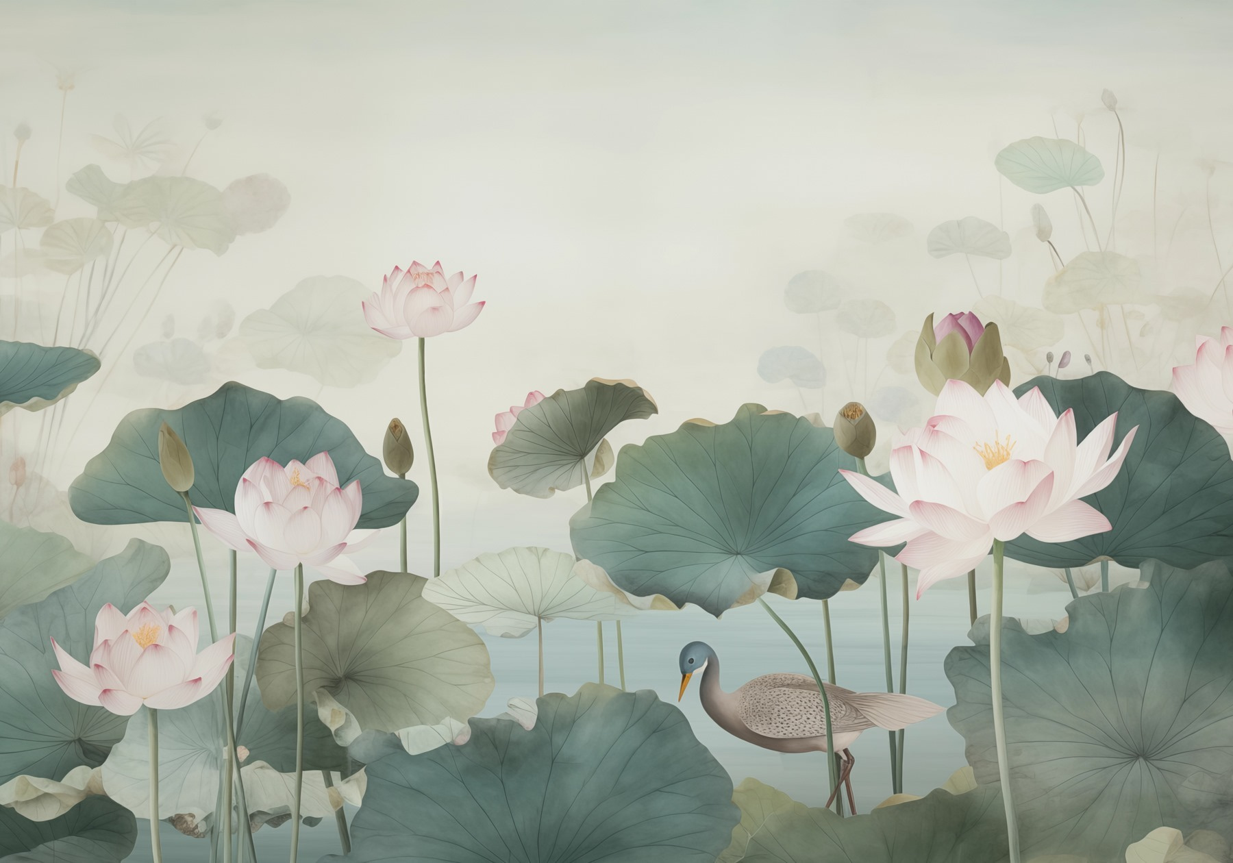 Duck in a pond with lotus flowers