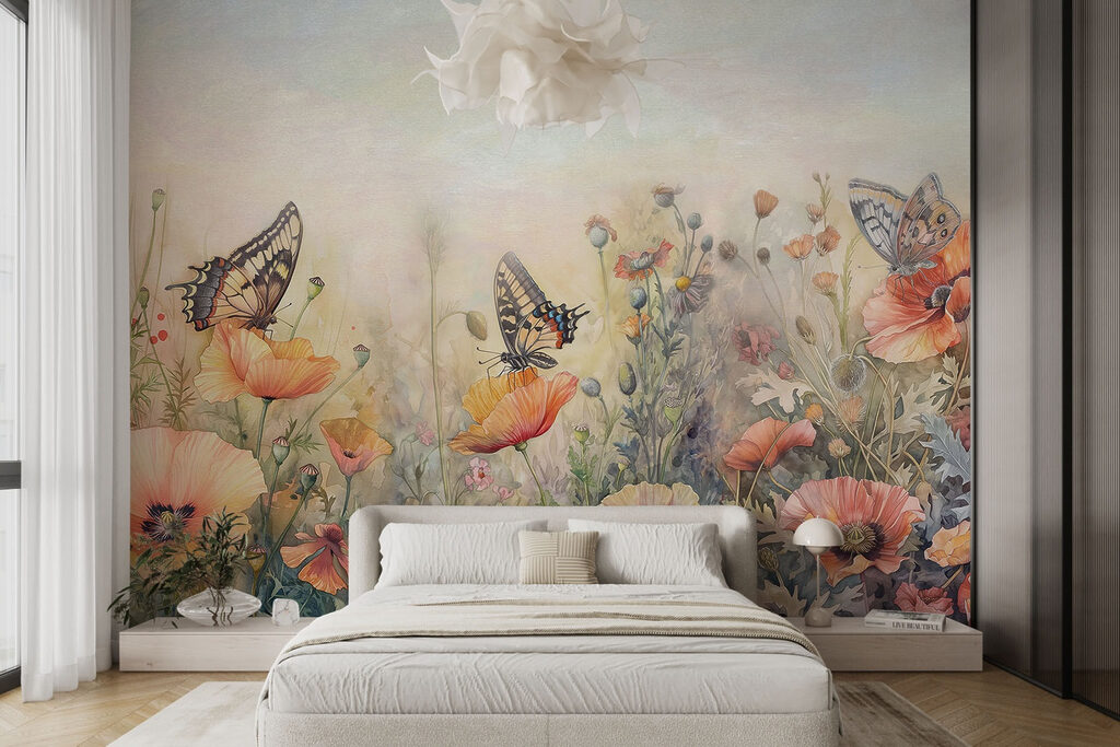 Butterflies on flowers in a field