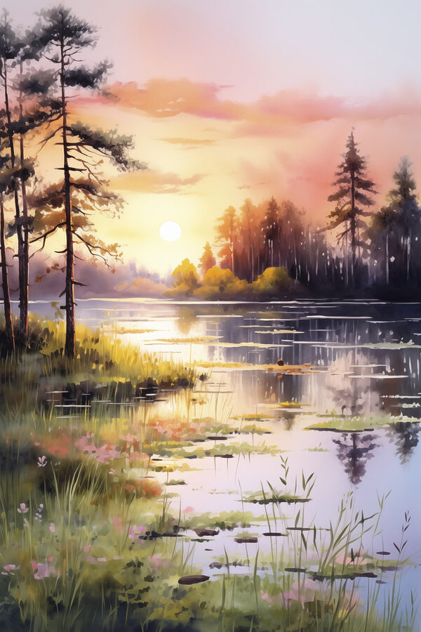Pictura acuarelă a unui lac cu copaci și iarbă Pictura acuarelă a unui lac cu copaci și iarbă