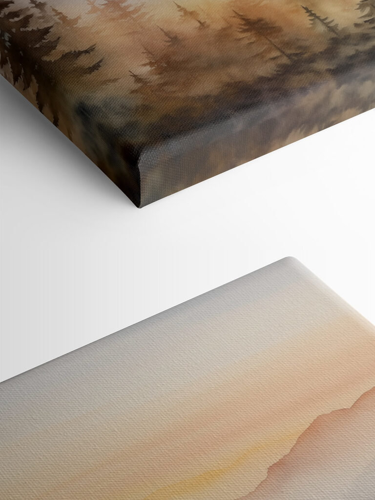 Watercolor painting of a forest and mountains