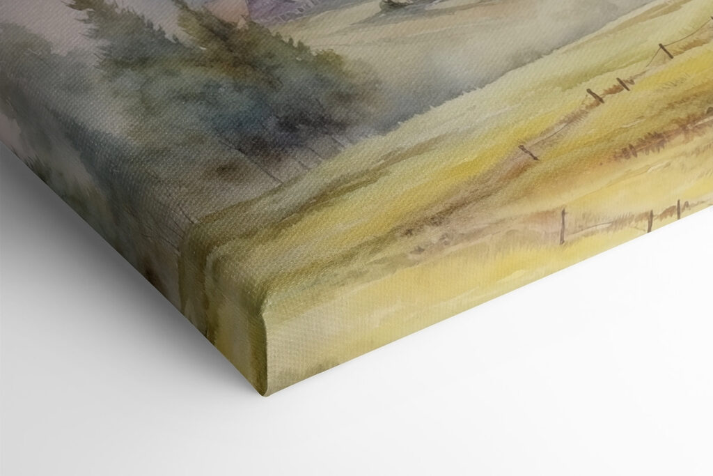 Watercolor painting of a village in the mountains