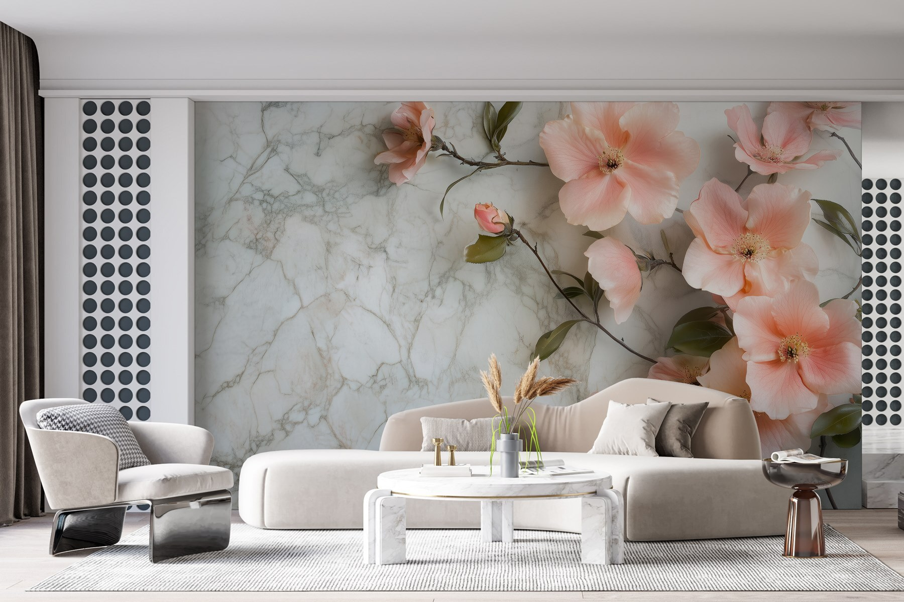 Group of pink flowers on a marble surface