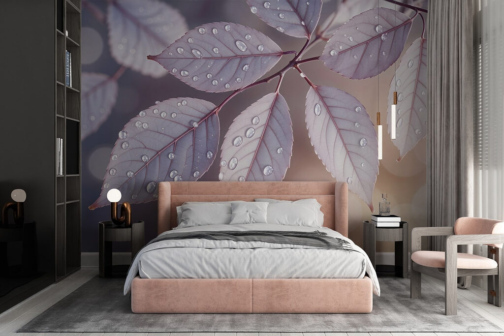 Delicate leaves with dewdrops resting