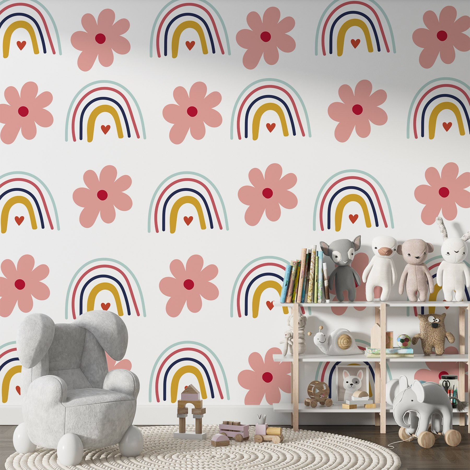 Pattern of flowers and rainbows