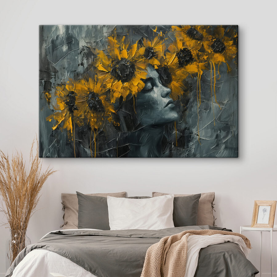 Pictura unei femei cu flori galbene