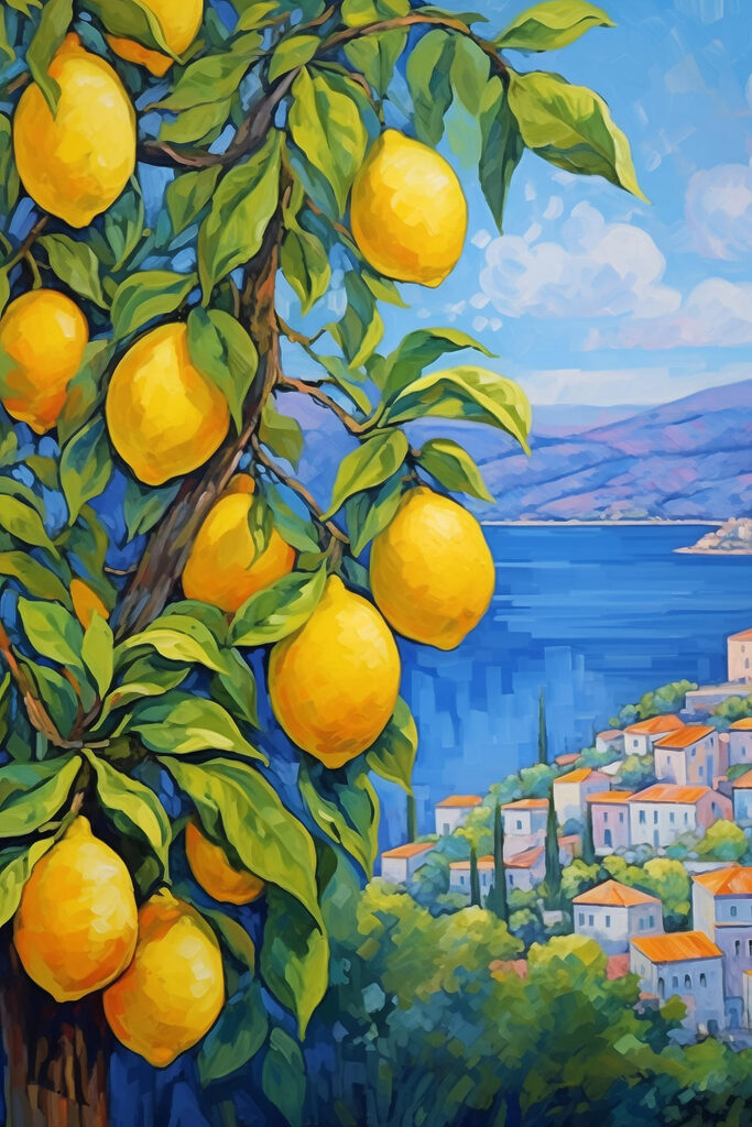 Painting of a lemon tree with a city in the background Painting of a lemon tree with a city in the background