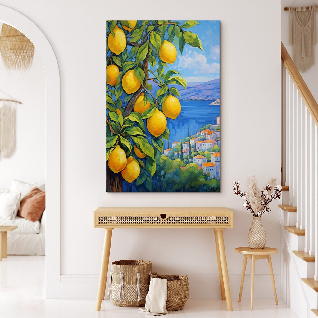 Painting of a lemon tree with a city in the background Painting of a lemon tree with a city in the background