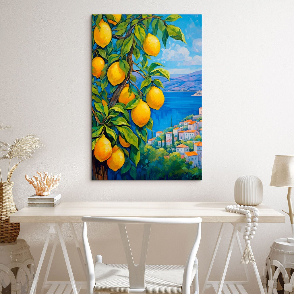 Painting of a lemon tree with a city in the background Painting of a lemon tree with a city in the background