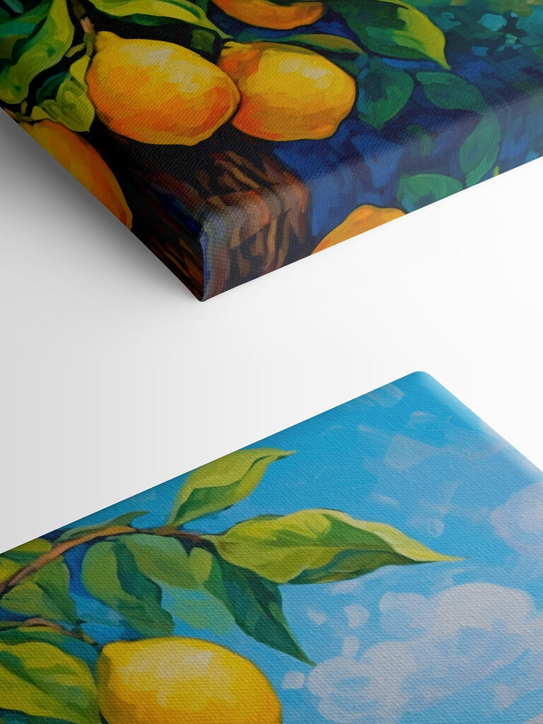 Painting of a lemon tree with a city in the background Painting of a lemon tree with a city in the background