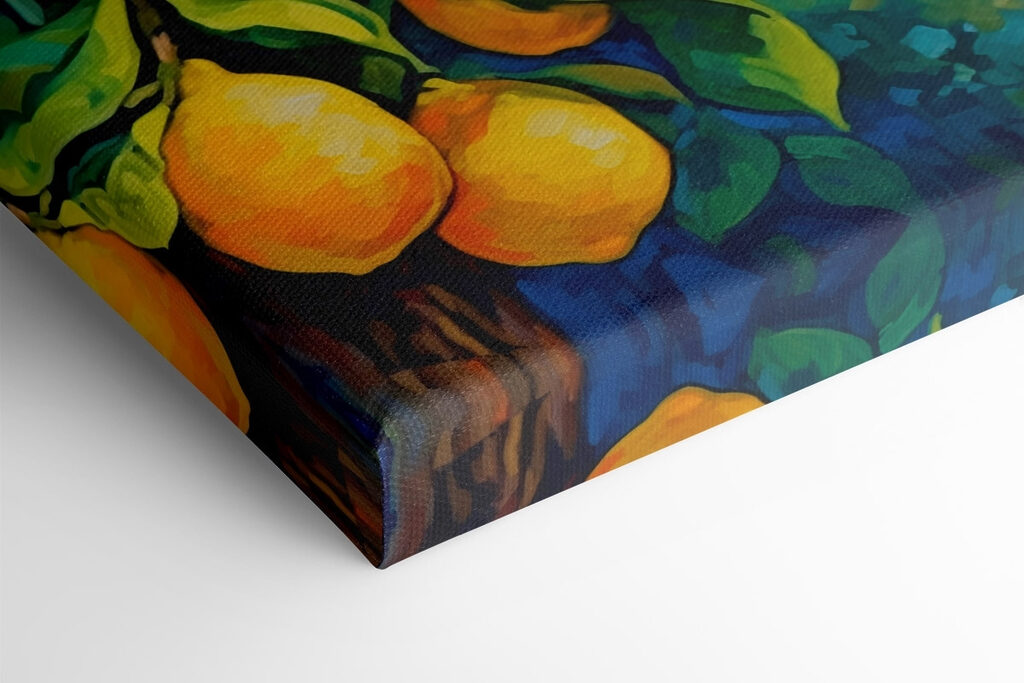 Painting of a lemon tree with a city in the background Painting of a lemon tree with a city in the background