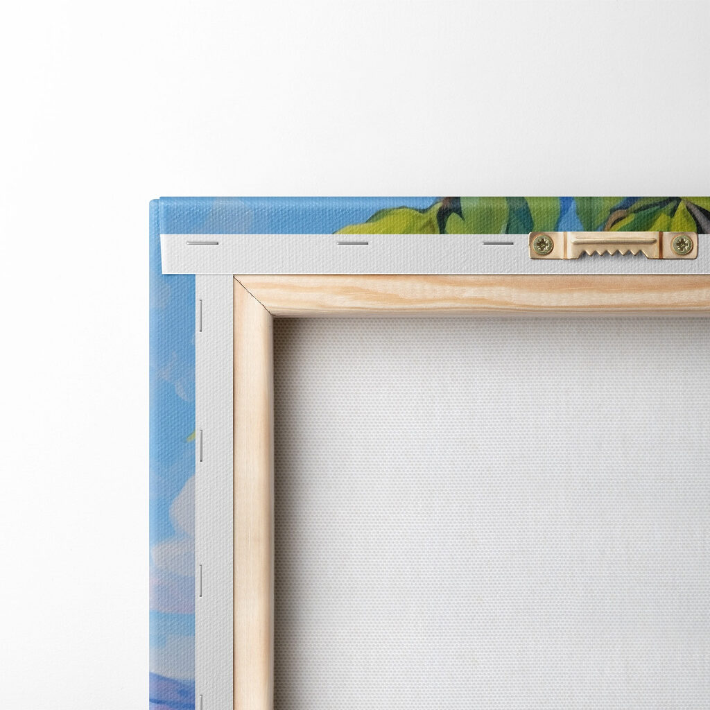 Painting of a lemon tree with a city in the background Painting of a lemon tree with a city in the background