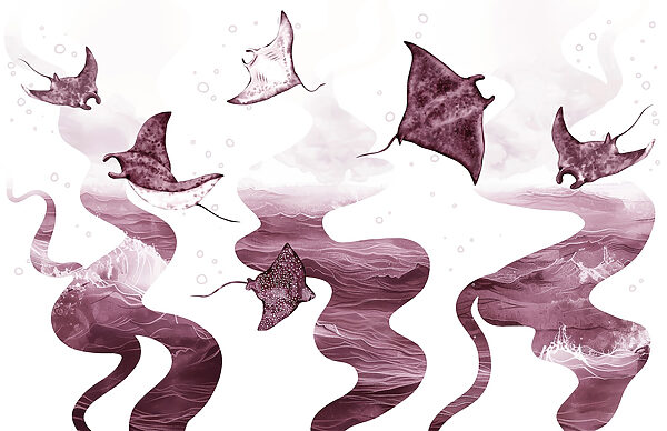 Group of stingrays flying in the air