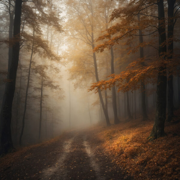 Pădure cețoasă cu copaci și frunze Pădure cețoasă cu copaci și frunze