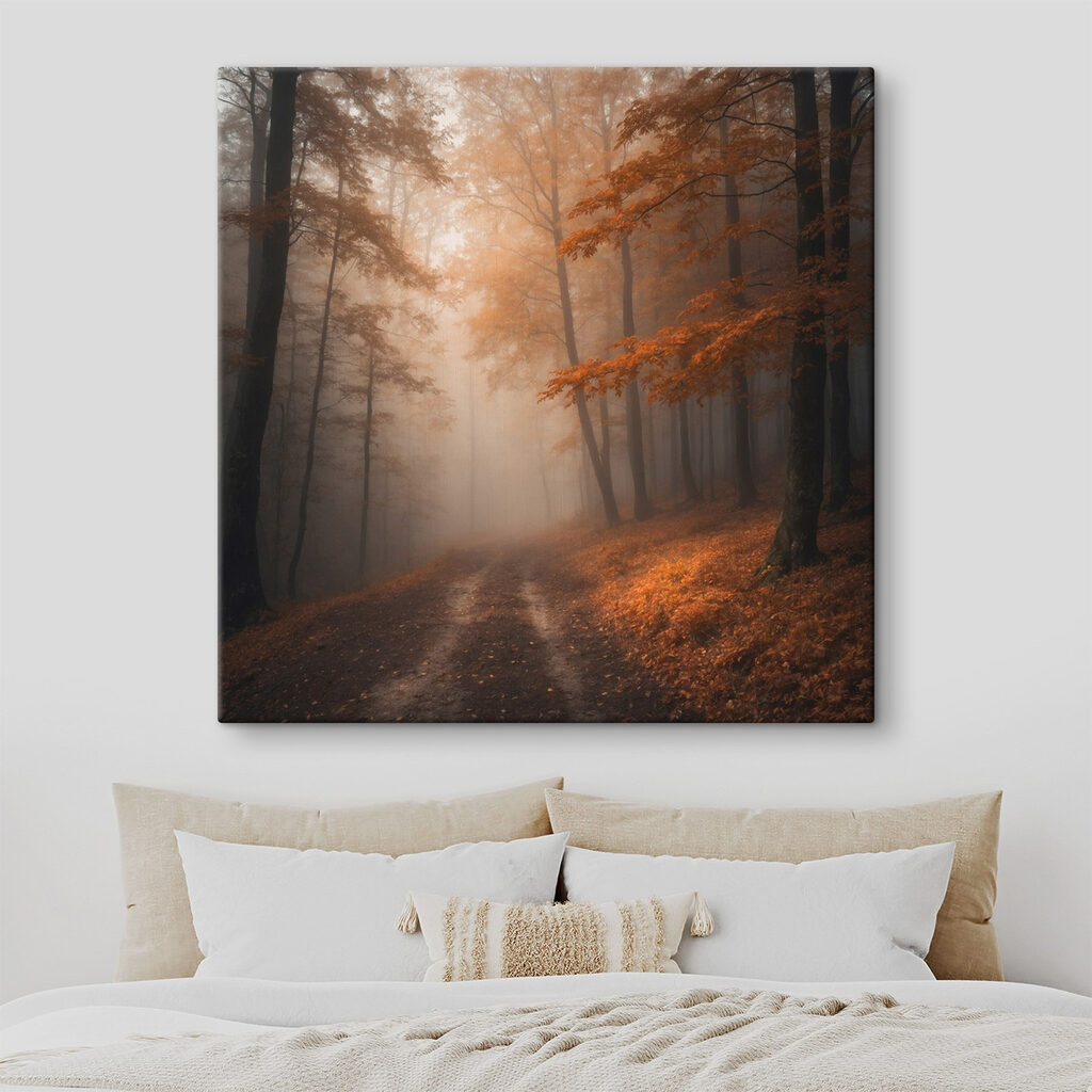 Foggy forest with trees and leaves Foggy forest with trees and leaves