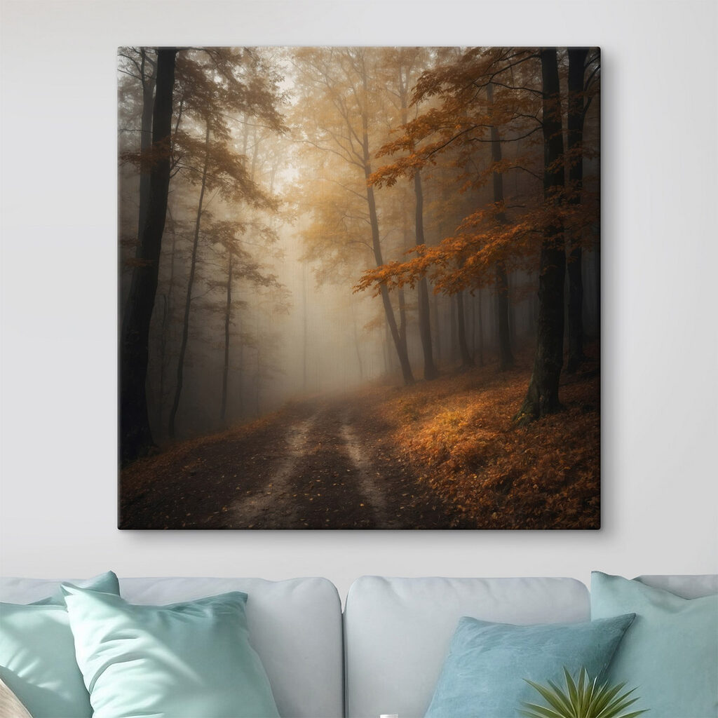 Foggy forest with trees and leaves Foggy forest with trees and leaves