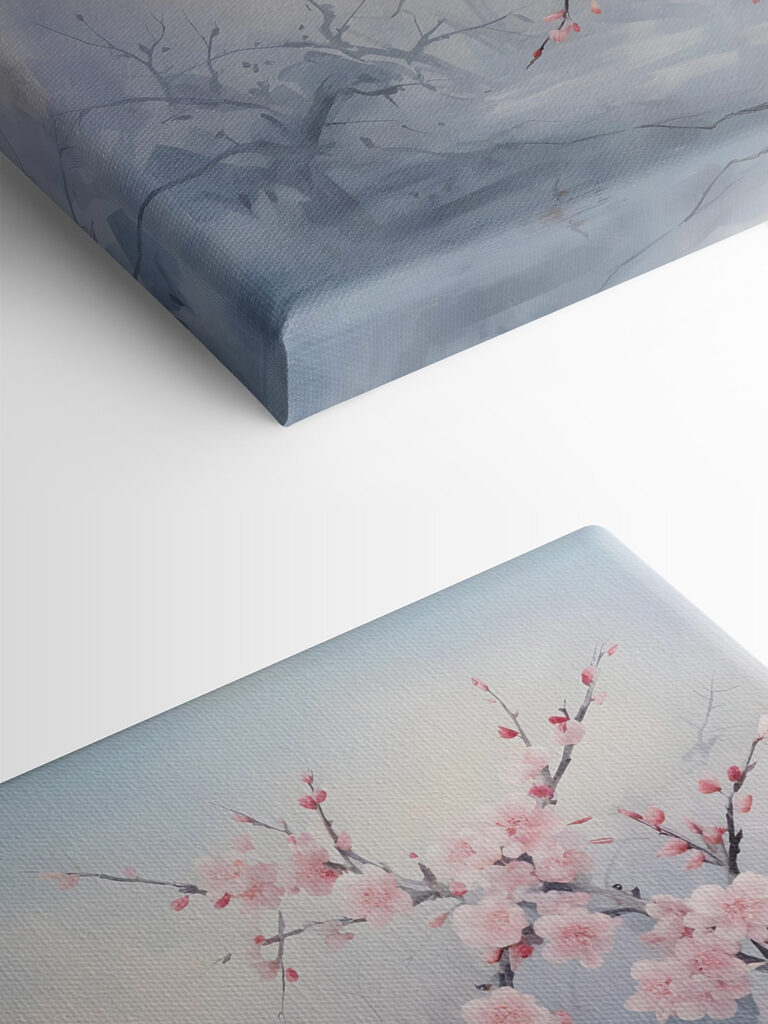 Bird on a branch with pink flowers