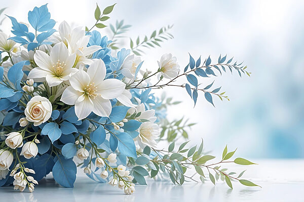 Buchet de flori albe și albastre Buchet de flori albe și albastre