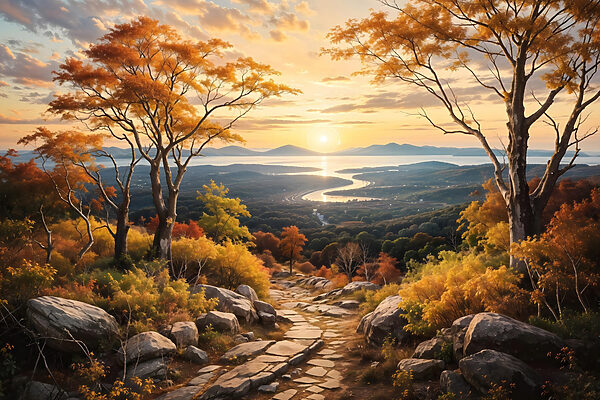 Path through a valley with trees and a river Path through a valley with trees and a river
