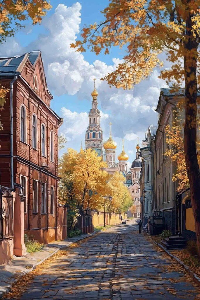 Street with buildings and trees Street with buildings and trees
