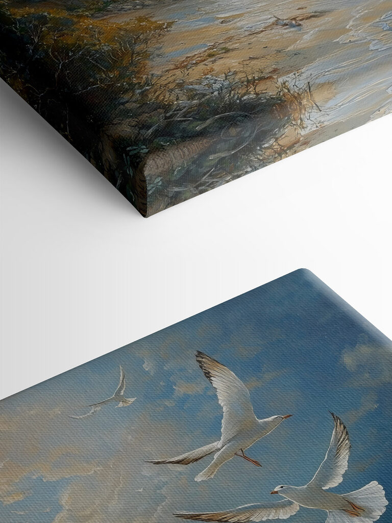 Painting of birds flying over a beach