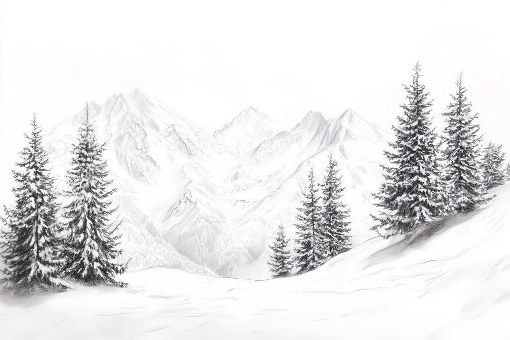 Desenul unui lanț muntos înzăpezit Desenul unui lanț muntos înzăpezit