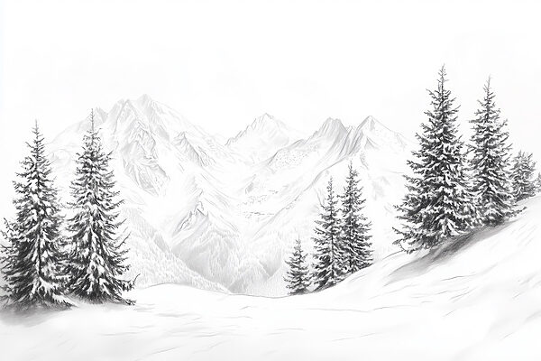 Desenul unui lanț muntos înzăpezit Desenul unui lanț muntos înzăpezit