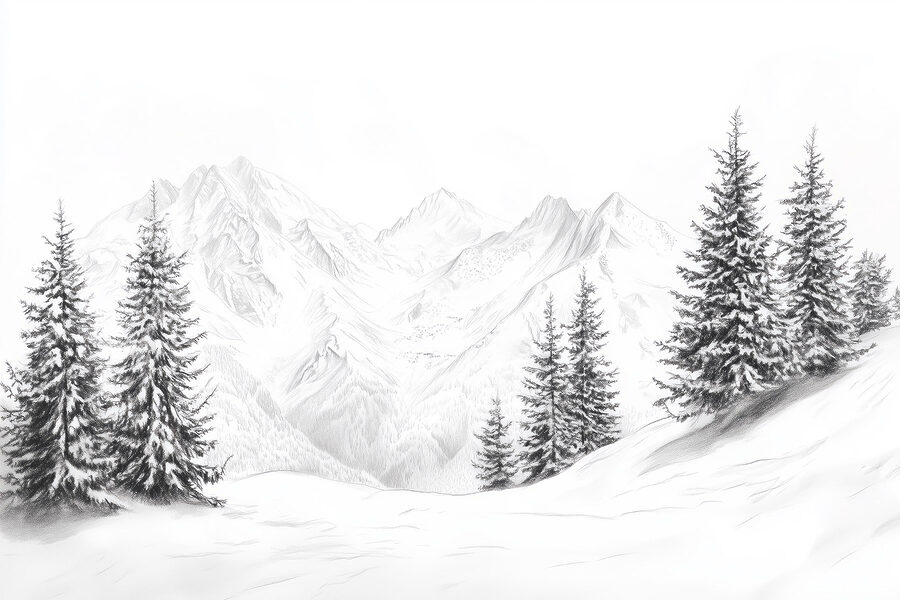 Desenul unui lanț muntos înzăpezit