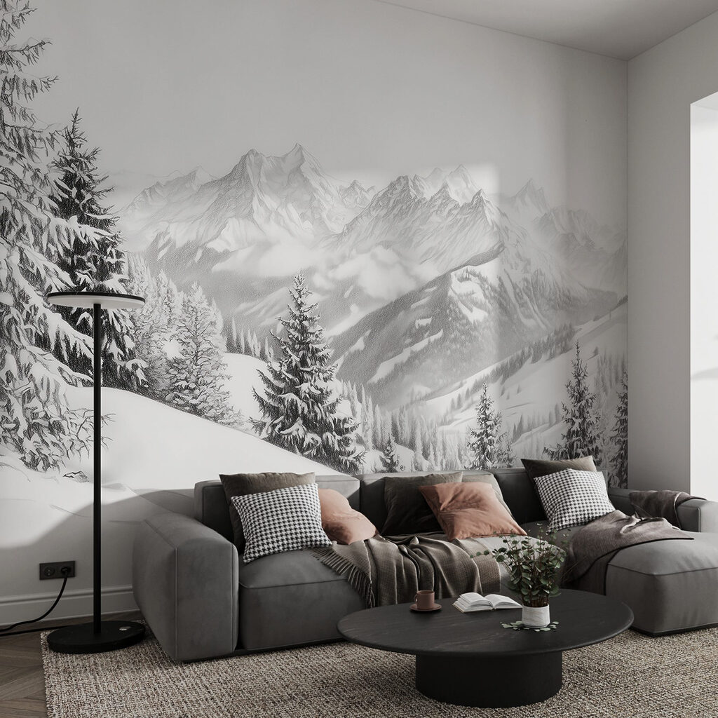 Snowy mountain with trees and mountains in the background Snowy mountain with trees and mountains in the background